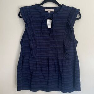 LOFT Blue Striped Ruffle Blouse